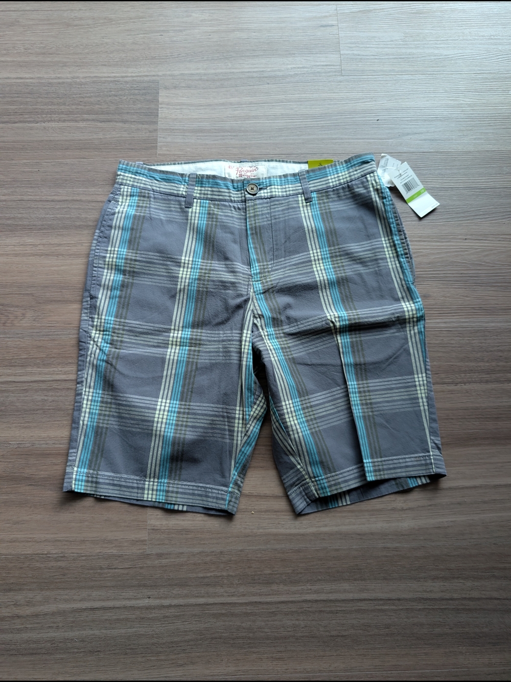 Original Penguin Gray Plaid Shorts with Teal and White Stripes
